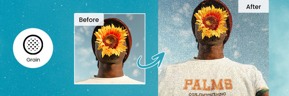 a guy's face with sunflower original picture and picture applied with grain effect of Vivid Glam